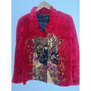 Vtg Alex Kin Red Chenille Tapestry Patchwork Jacket Wm 1X Embroidered Boho Artsy